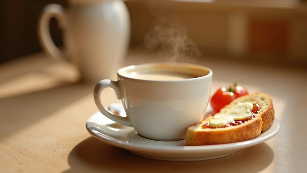 Tasse de café belge avec tartine beurrée et confiture sur assiette en porcelaine blanche