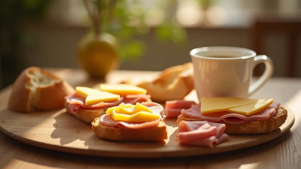 Petit-déjeuner belge avec tartines, fromage, jambon et café crème sur table en bois