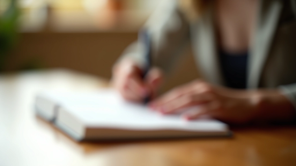 Mains écrivant dans un carnet de journal avec un stylo noir, table en bois naturel, lumière du matin douce