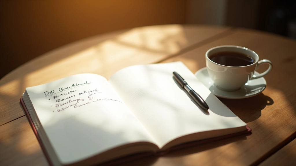 Cahier ouvert avec objectifs écrits à main, stylo, lumière du matin par la fenêtre
