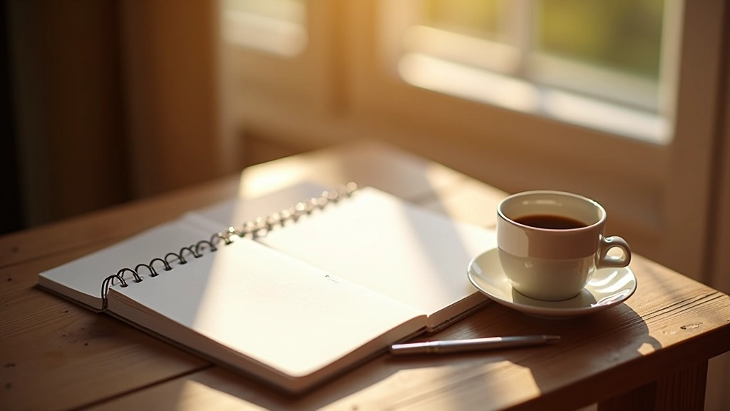 Carnet ouvert avec stylo sur table de bois, tasse de café à côté, lumière du matin