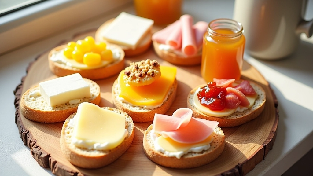 Assortiment de tartines avec différentes garnitures — fromage blanc, jambon, miel et confiture maison sur planche en bois