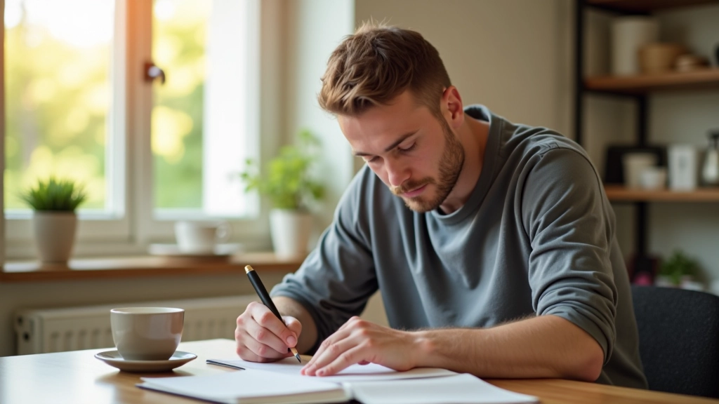 Personne notant ses observations dans un journal de routine matinale, tasse de café à proximité