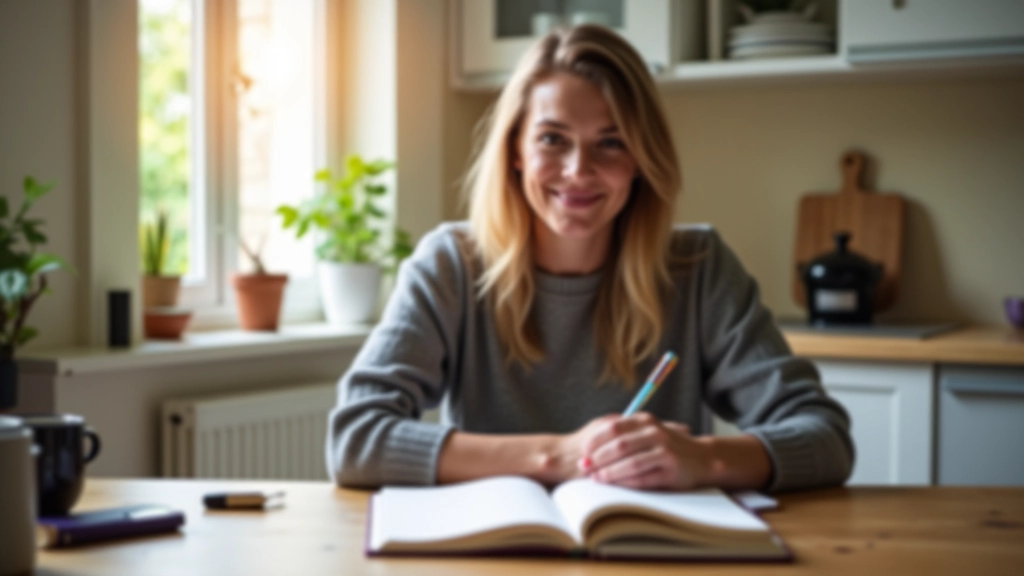 Personne assise à une table de cuisine avec un café, carnet ouvert, fenêtre avec lumière naturelle derrière
