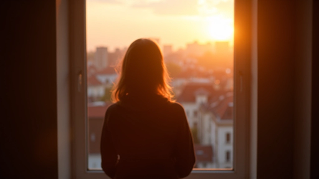Personne regardant par la fenêtre de son appartement bruxellois au lever du soleil