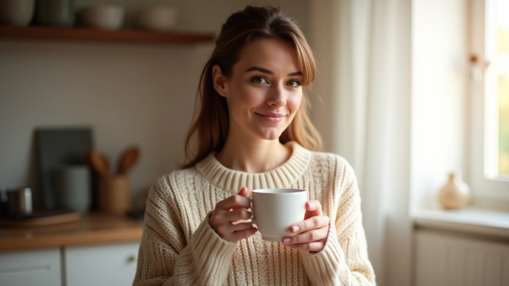 Personne prenant son café du matin dans une cuisine lumineuse avec vue sur Bruxelles