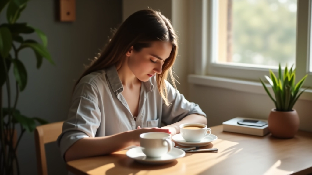 Femme travaillant sur son journal matinal avec café